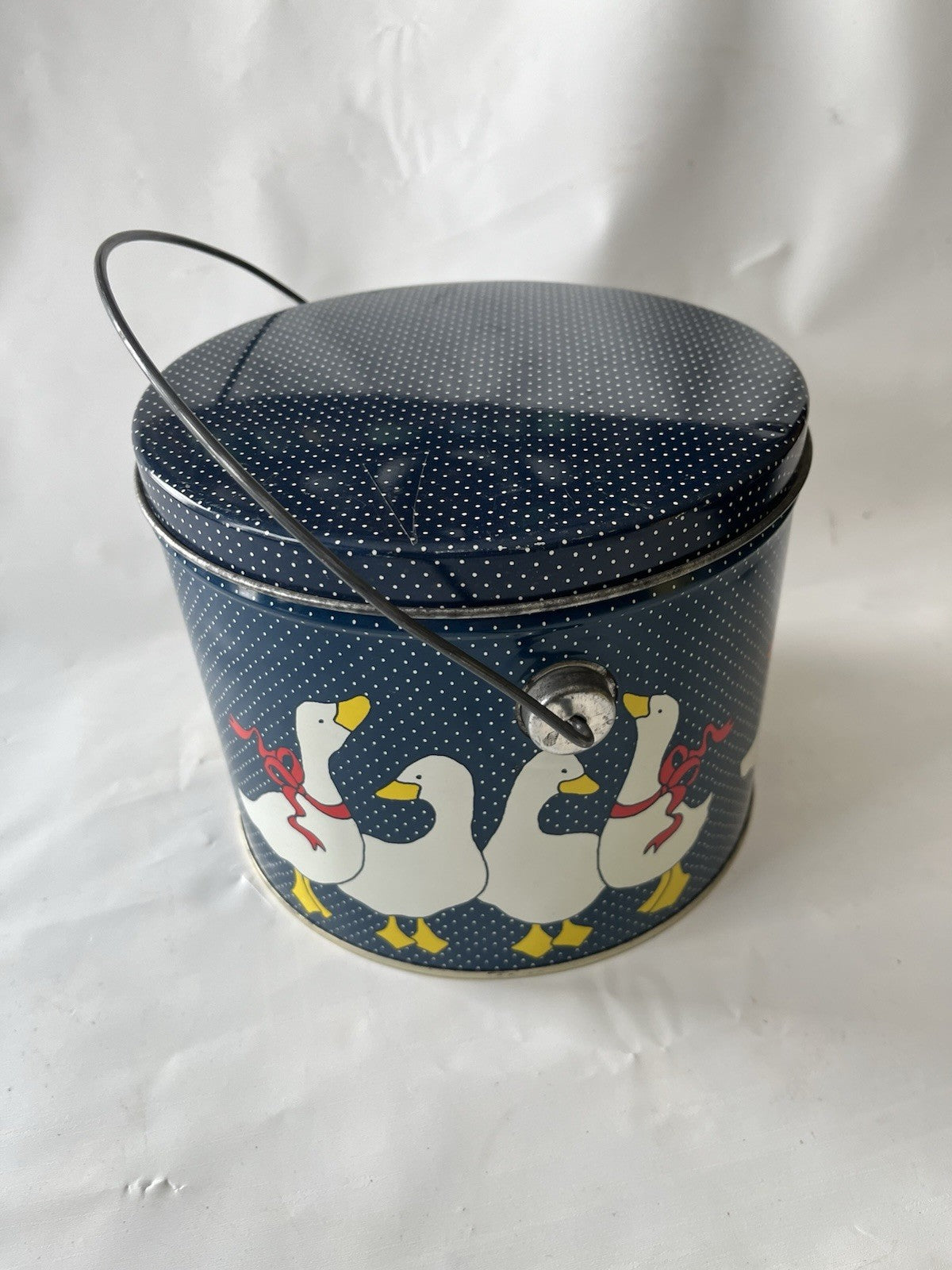 1990s Goose  Blue And White Polka Dot Tin With Lid And Handle