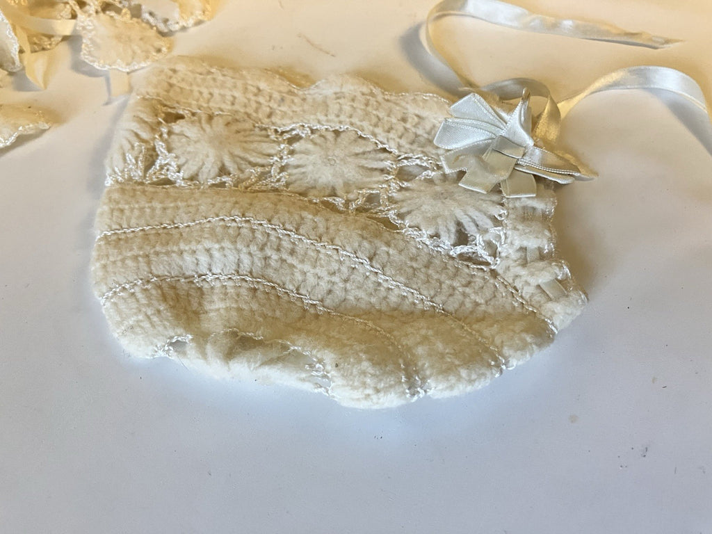Vintage Newborn Baby Girl White Baptism Dress And Handmade Cardigan/Bonnet