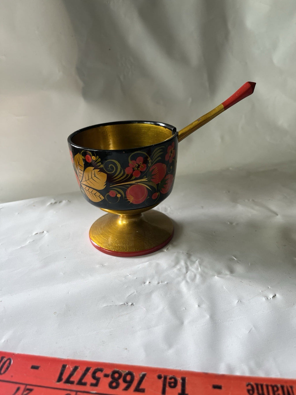 Russian Golden Khokhloma, Wooden Bowl & Spoon Set, Background painting, Folk-Art