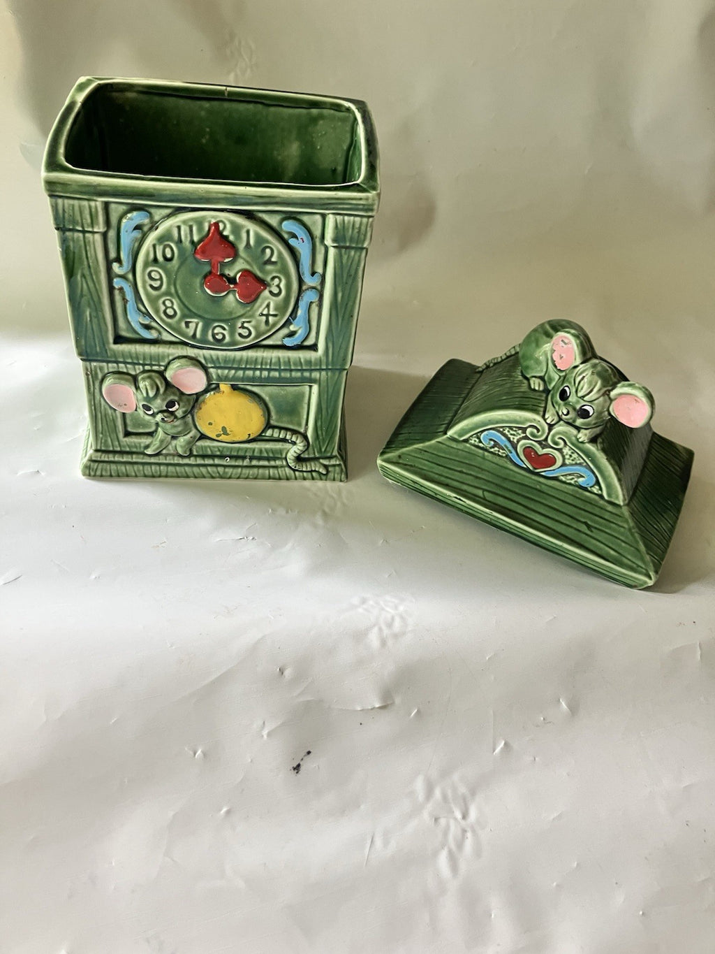 Vintage MCM Green Glazes Ceramic Hickory Dickory Cookie Jar  Made In Japan