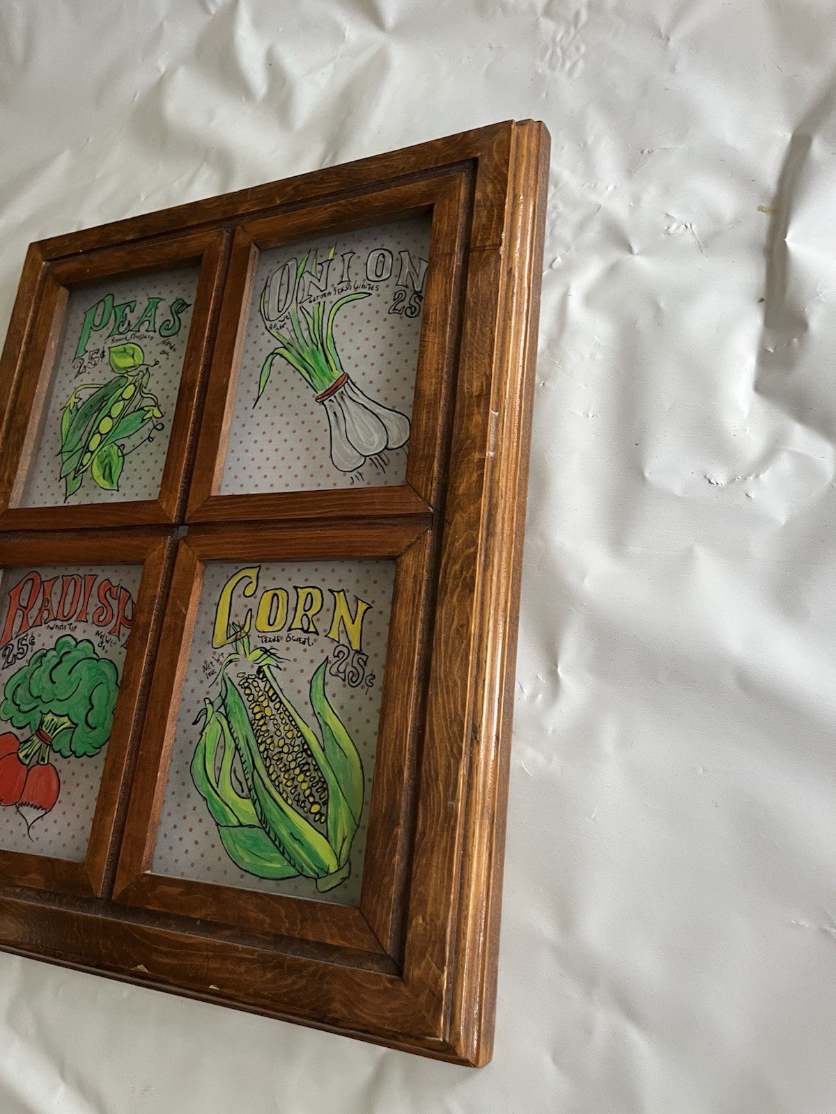 Vintage Vegetable Themed Kitchen Glass Panel Wall Mount Of Painted Vegetables