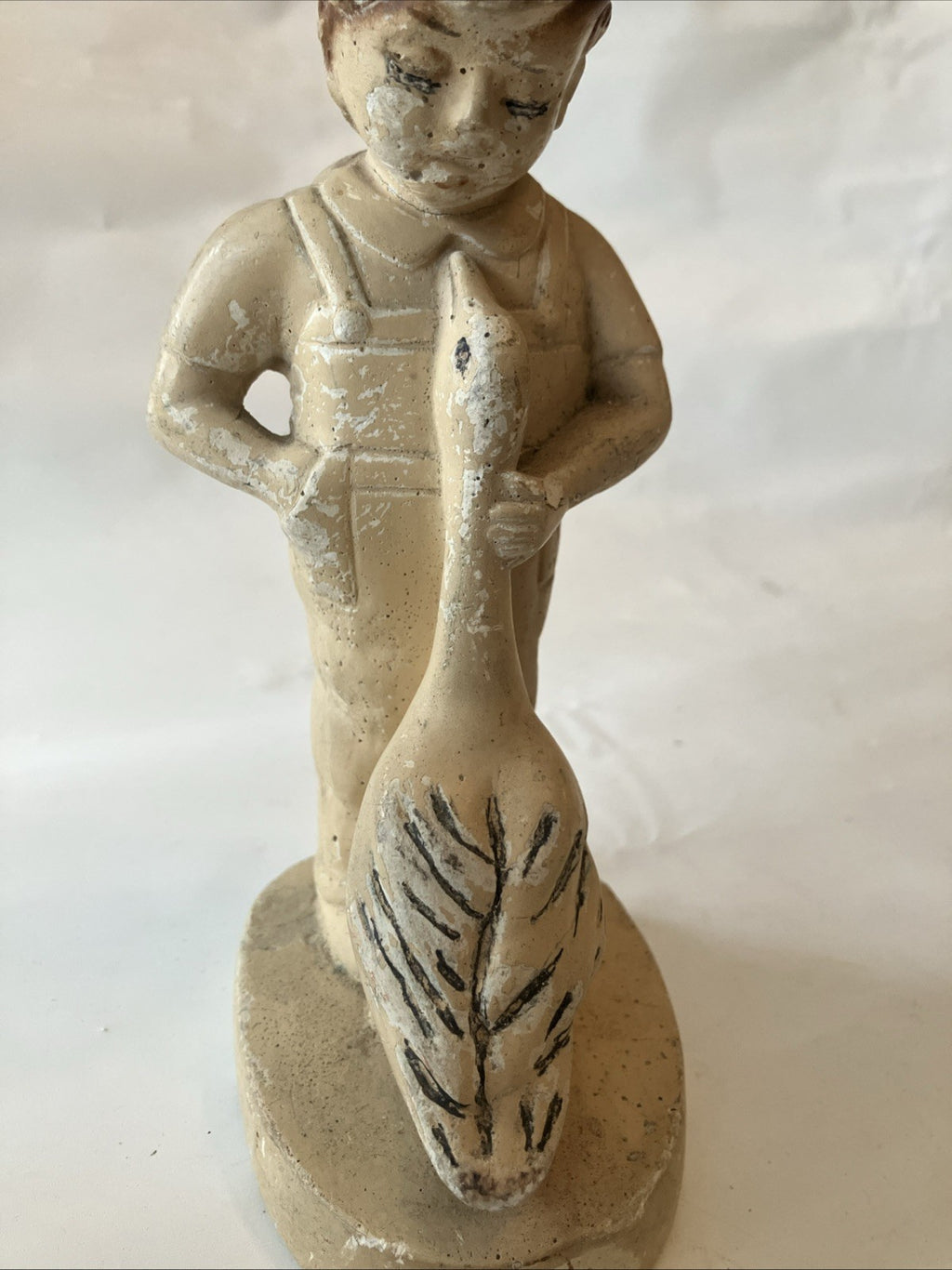 Vintage Chalk Ware Plaster Boy & A Goose Figurine, 7” Tall