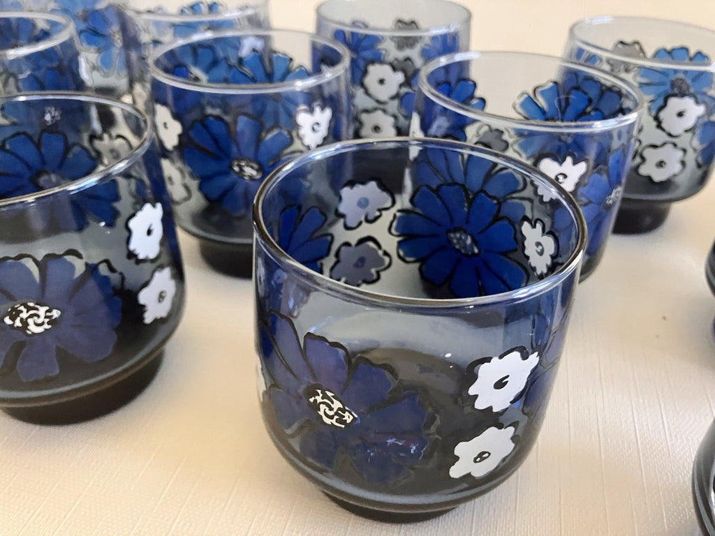 Set of 13 Vintage Libbey Camellia Blue Floral 8oz Juice Glasses EUC