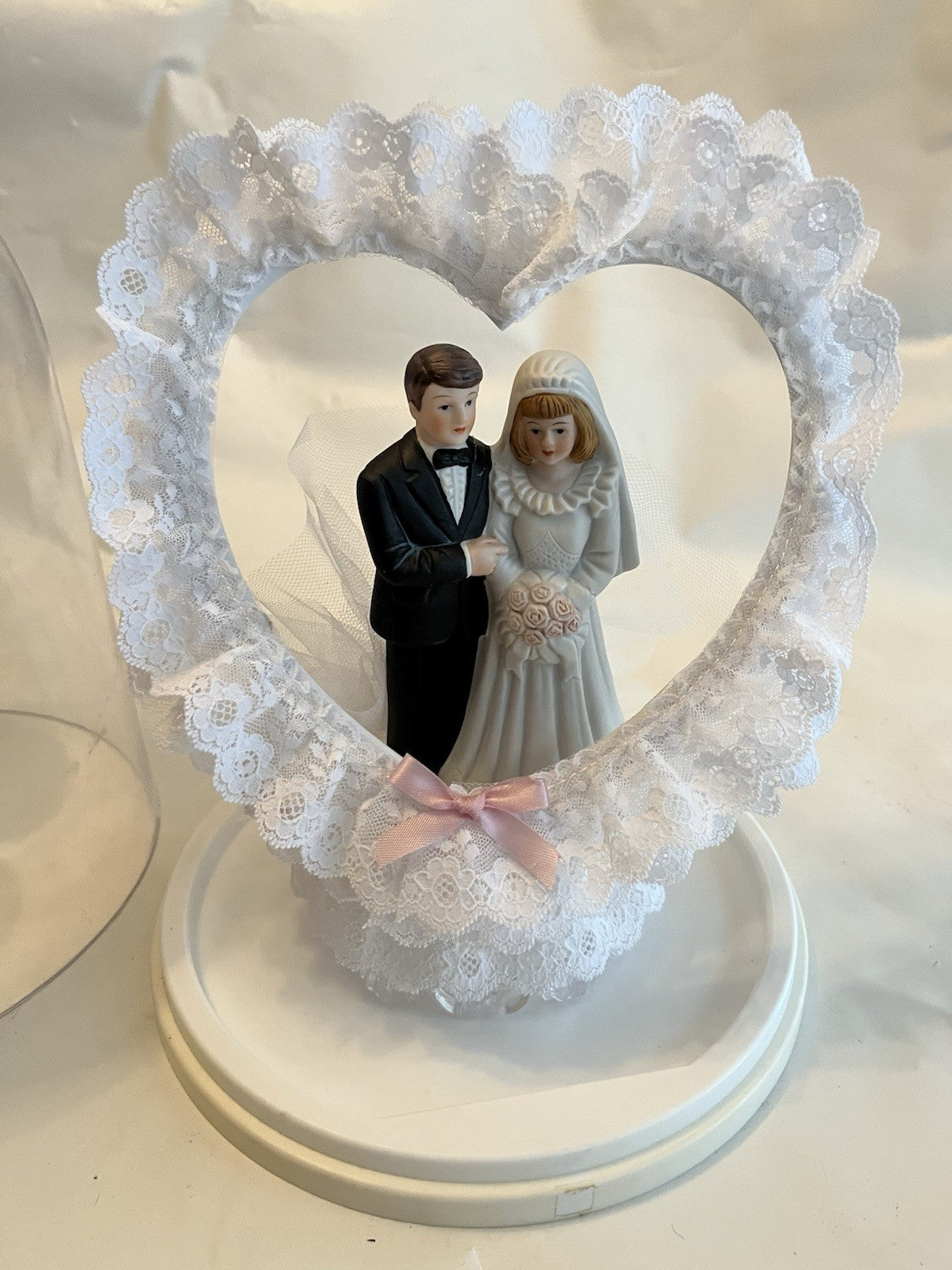 Vintage/ MCM Wedding Cake Topper With Heart Arch, Lace; Original Case NOS