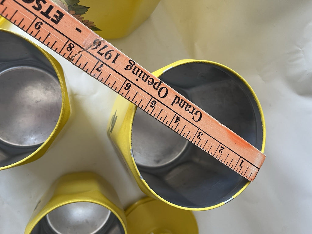 Vintage Kromex Faceted Aluminum 4 Canister Set Yellow Fruit Floral Plastic Lids