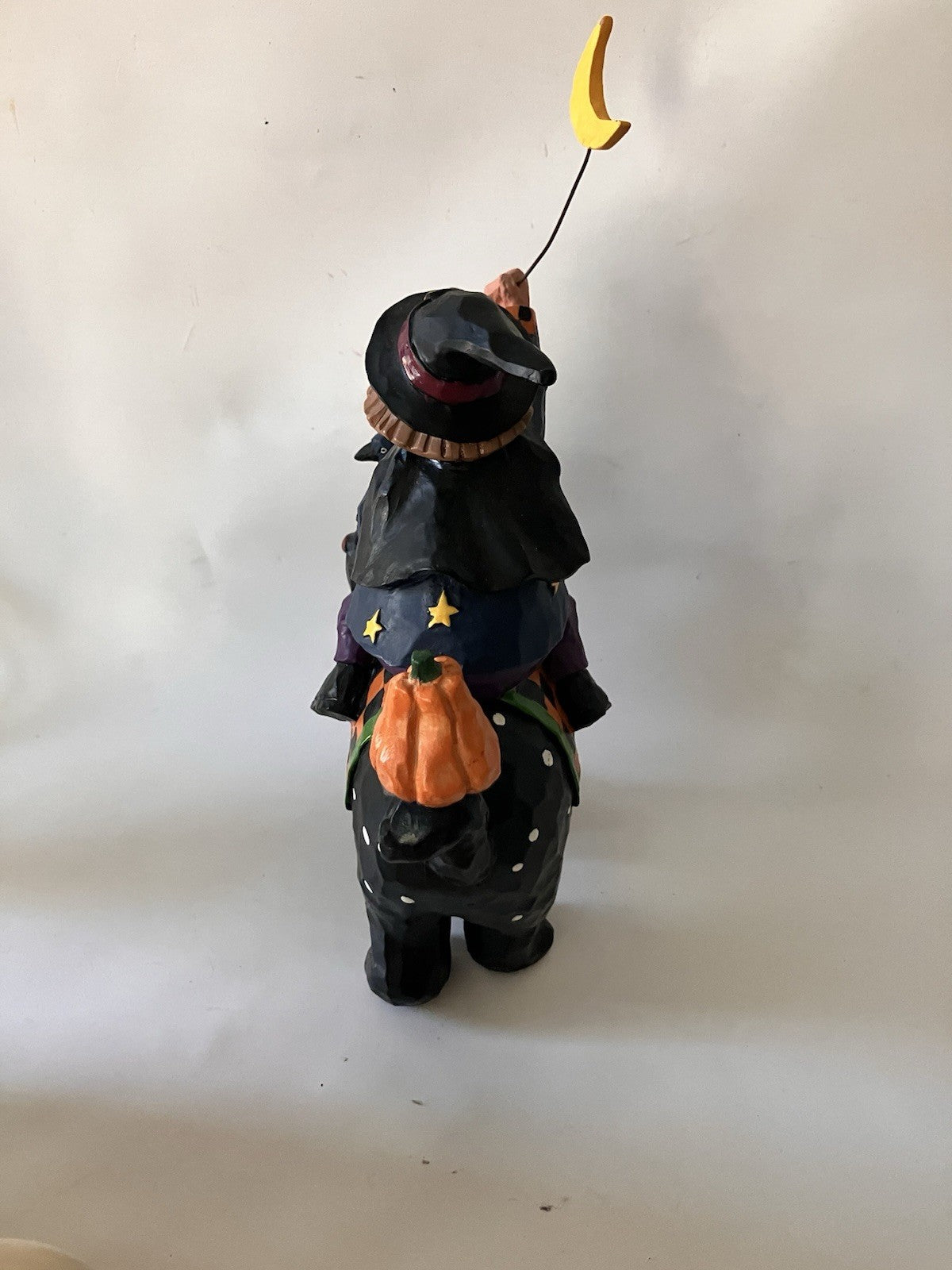 Vintage Halloween Witch Riding Black Cat W/ Moon & Pumpkin. Autumn Decor