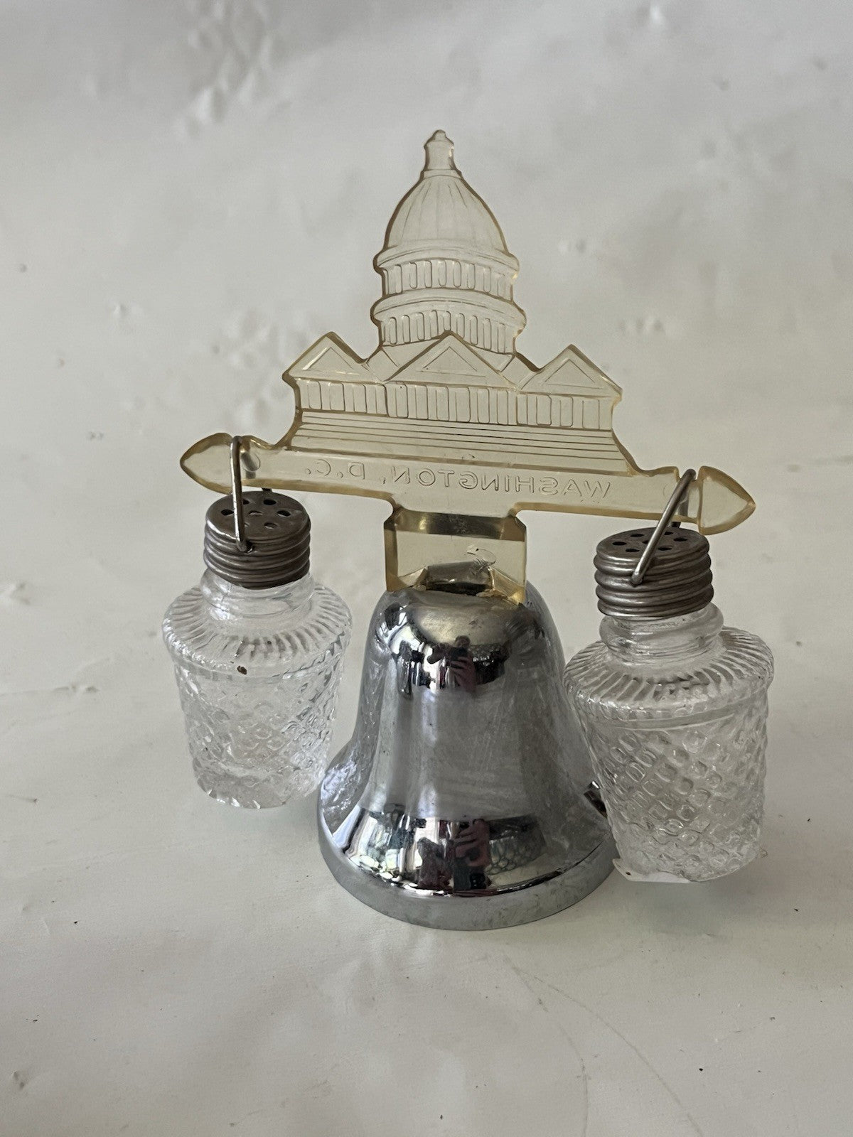 Vintage Silver Toned/Clear Lucite Souvenir Salt/Pepper Shakers W/ Bell Stand (3)