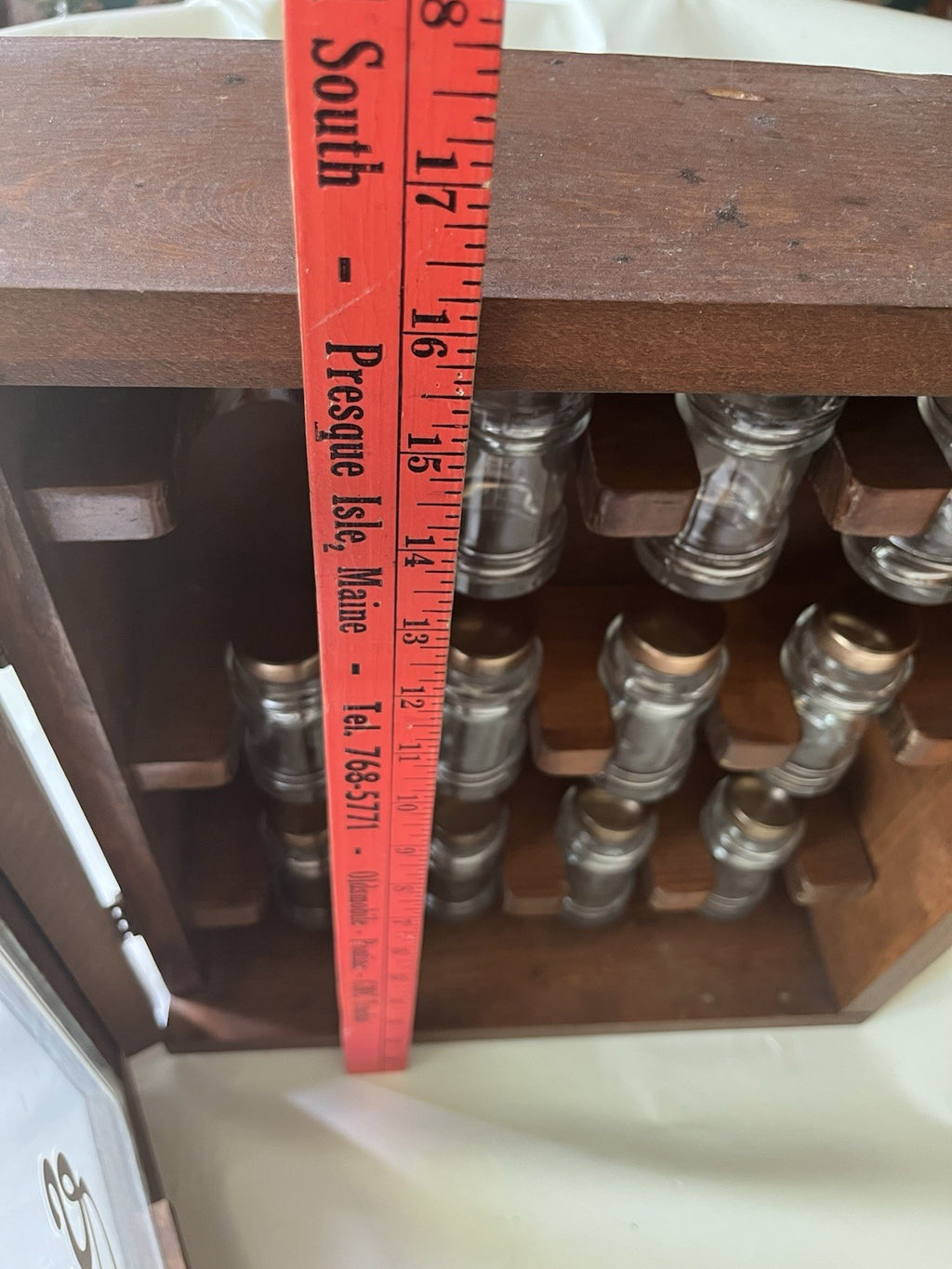 Vintage “Spices” Wooden/ Glass Door 17”x14” 12 Spice Cabinet & 11 Jars/ Stickers