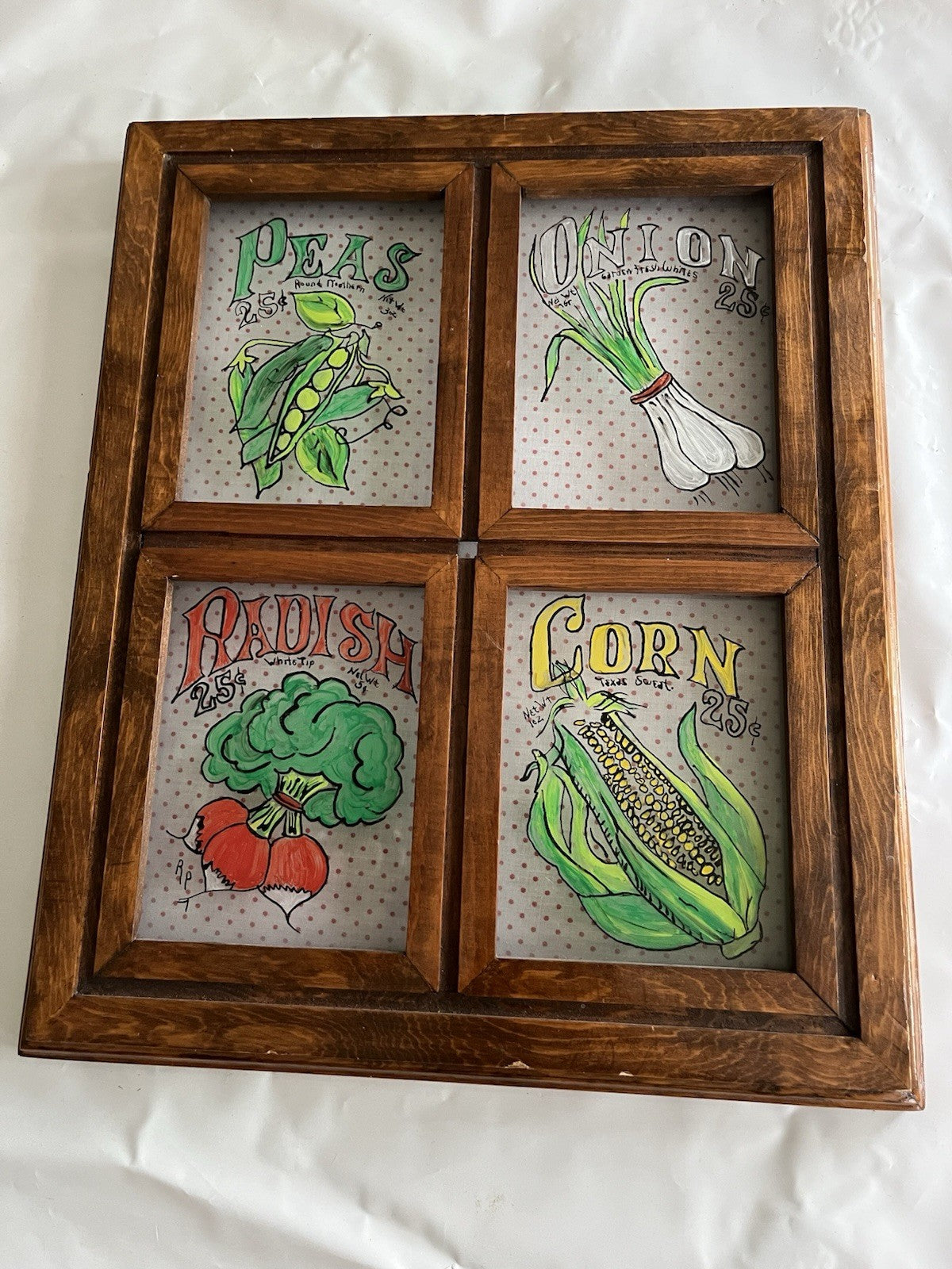 Vintage Vegetable Themed Kitchen Glass Panel Wall Mount Of Painted Vegetables