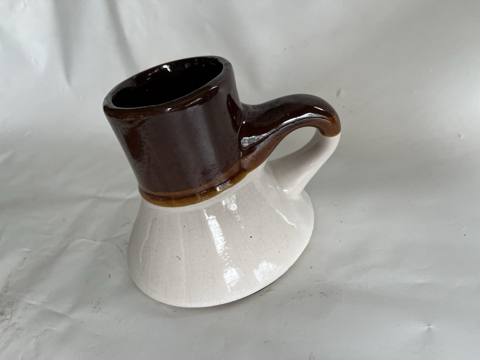 Vintage Wide Base No Spill Mariner Sailer Coffee Mug Brown White Glaze Stoneware