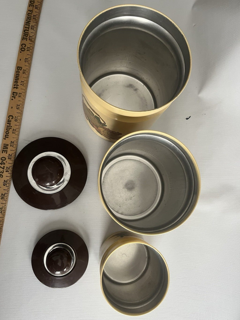 Kromex Metal Canister Set 3 Rare Beige/Brown Fruit & Vegetables w/ Plastic Lids