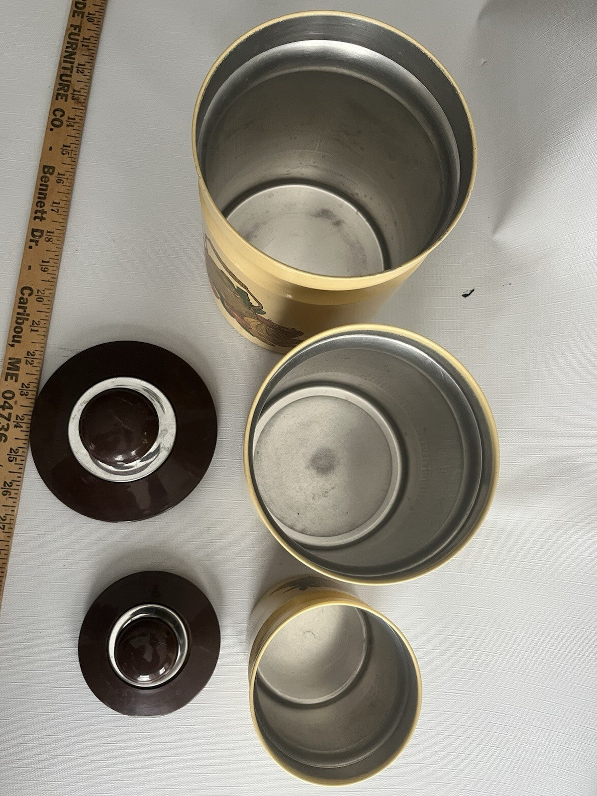 Kromex Metal Canister Set 3 Rare Beige/Brown Fruit & Vegetables w/ Plastic Lids