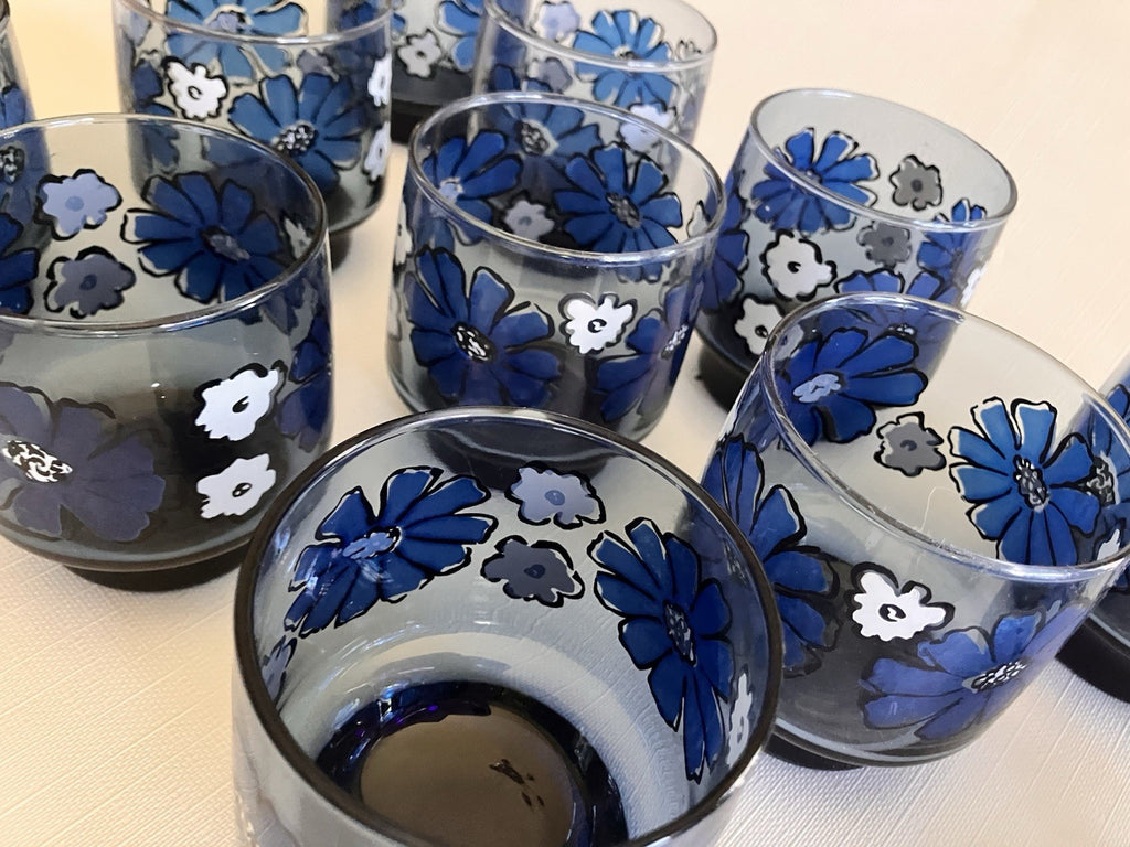 Set of 13 Vintage Libbey Camellia Blue Floral 8oz Juice Glasses EUC