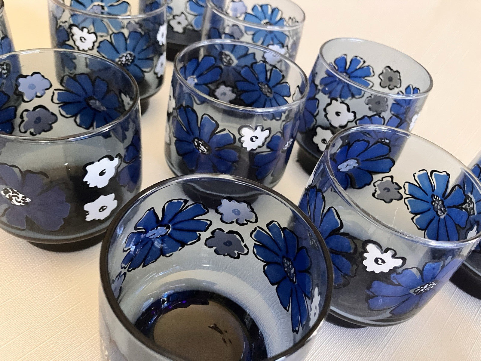 Set of 13 Vintage Libbey Camellia Blue Floral 8oz Juice Glasses EUC
