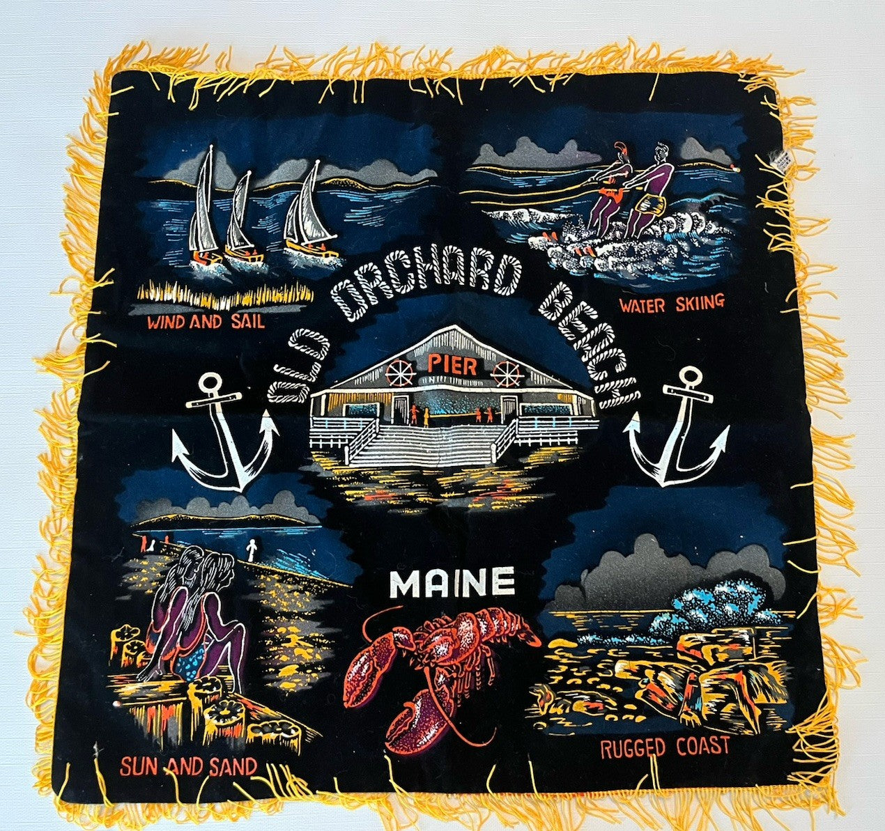 Vintage Black Velvet Pillow Case “Old Orchard Beach” Maine Souvenir; EVC