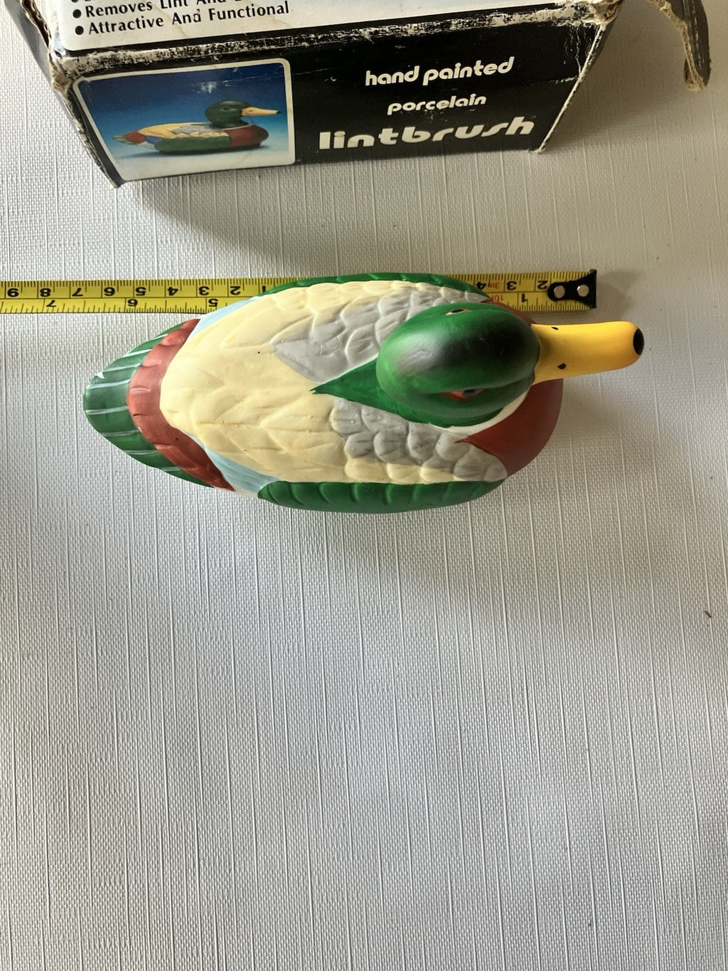Vtg. Handpainted Porcelain Lifelike Detail Duck Mallard Lint Brush; Original Box