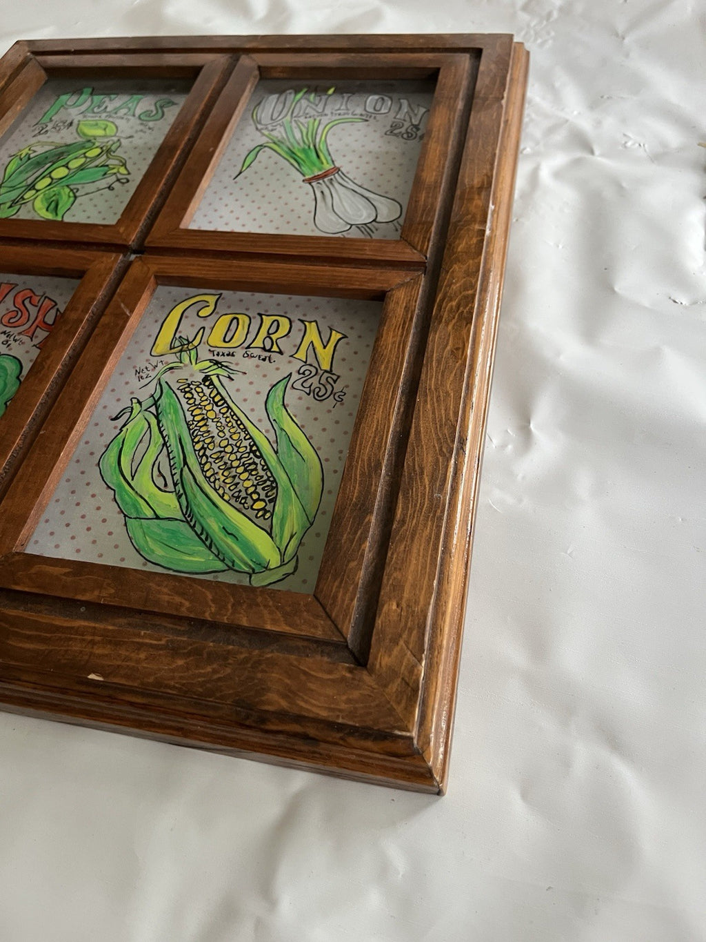 Vintage Vegetable Themed Kitchen Glass Panel Wall Mount Of Painted Vegetables