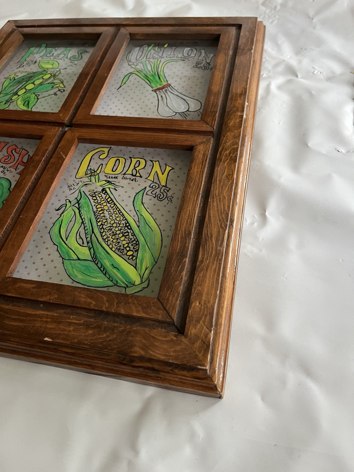 Vintage Vegetable Themed Kitchen Glass Panel Wall Mount Of Painted Vegetables
