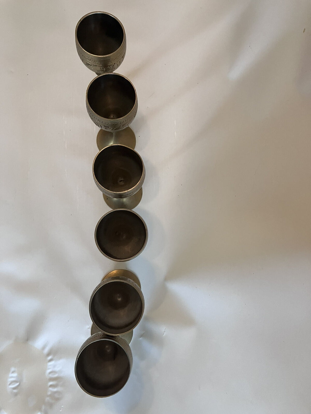 Vintage S/4 Solid Brass Goblets Tulip Stem, Etched Design