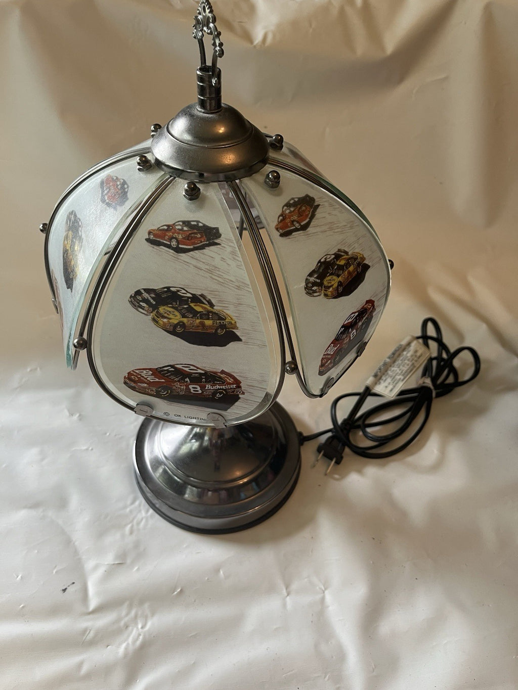 Vtg OK Lighting NASCAR Tiffany Style Touch Lamp; Earnhardt Sr, Jr Others. Works!