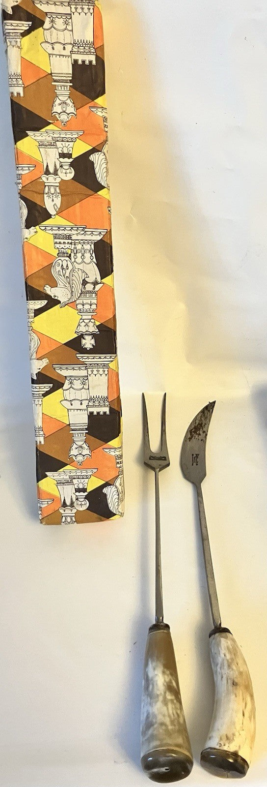 Vintage And Rare Altahualyco Grill Fork And Knife; Bull Horn Handles-19” Long