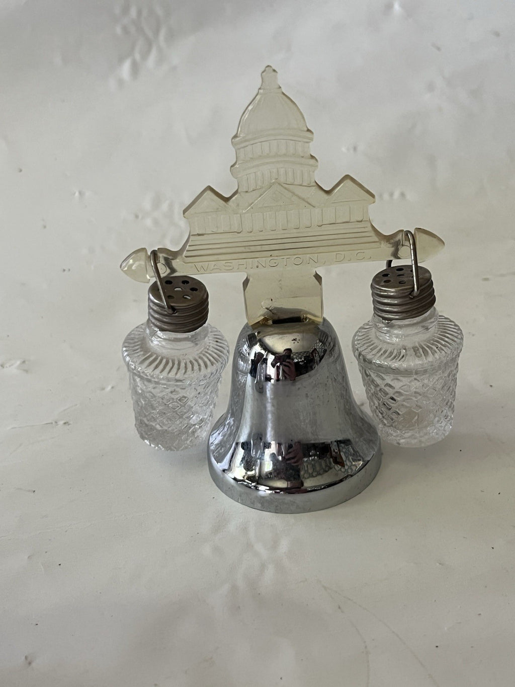 Vintage Silver Toned/Clear Lucite Souvenir Salt/Pepper Shakers W/ Bell Stand (3)