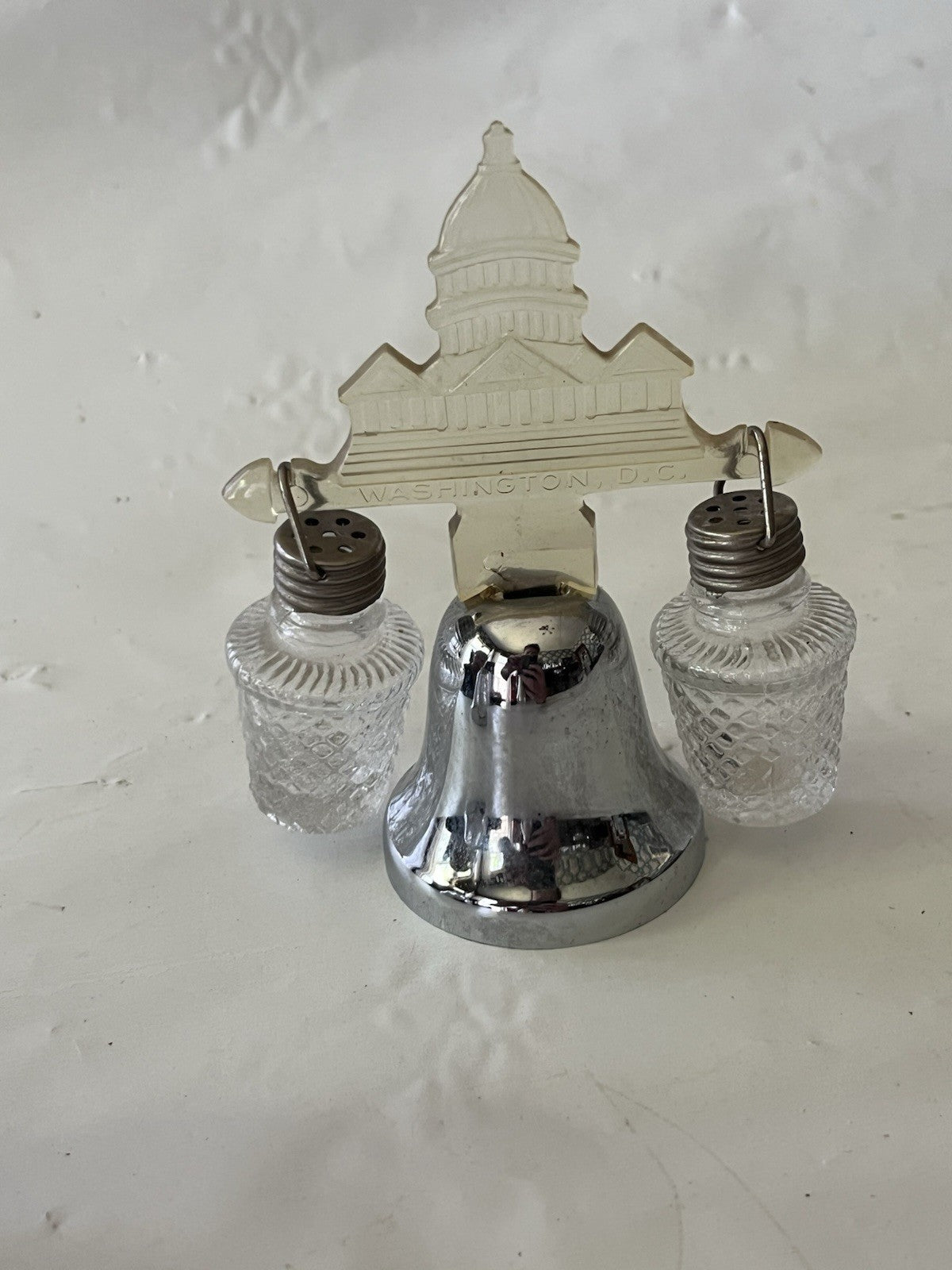 Vintage Silver Toned/Clear Lucite Souvenir Salt/Pepper Shakers W/ Bell Stand (3)
