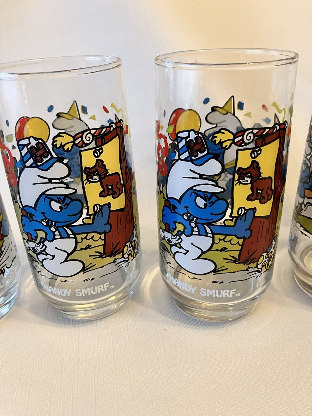 Vintage 1983 Hardee’s Smurf Glasses Set of 4 Handy Clumsy Papa Smurf BONUS Glass