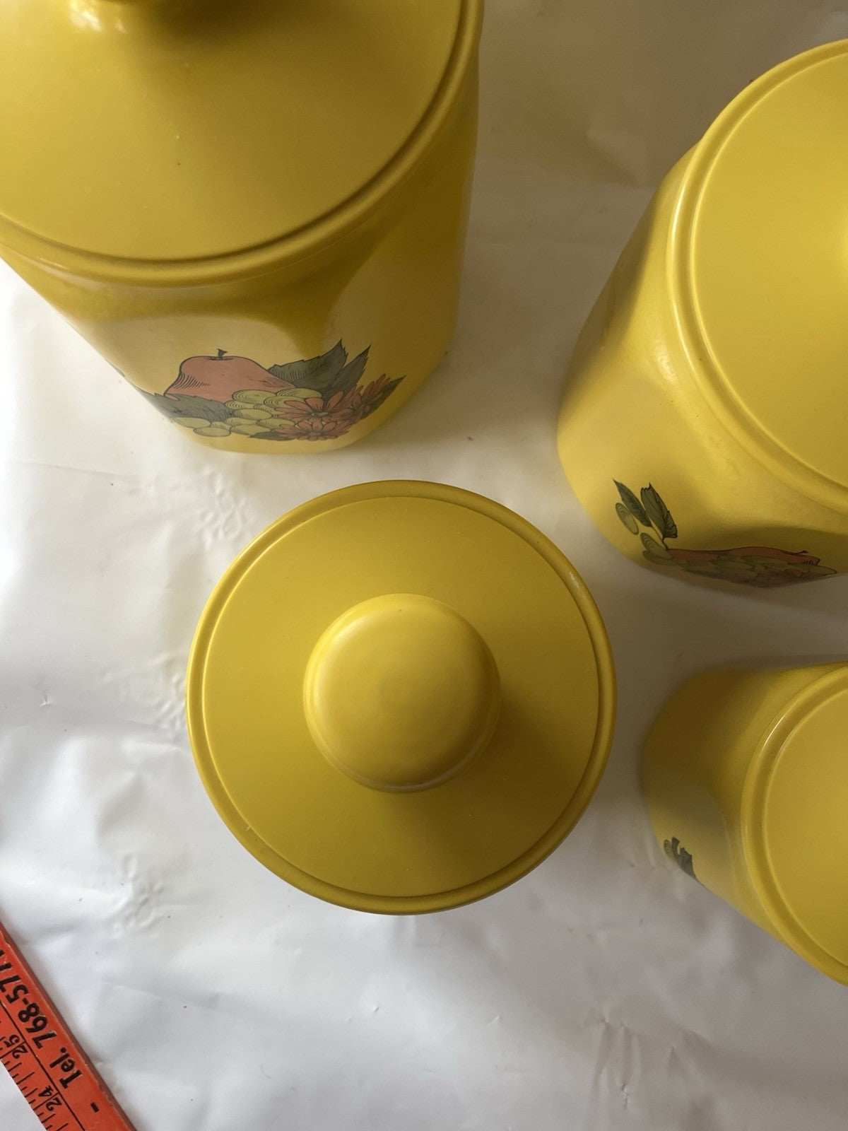 Vintage Kromex Faceted Aluminum 4 Canister Set Yellow Fruit Floral Plastic Lids