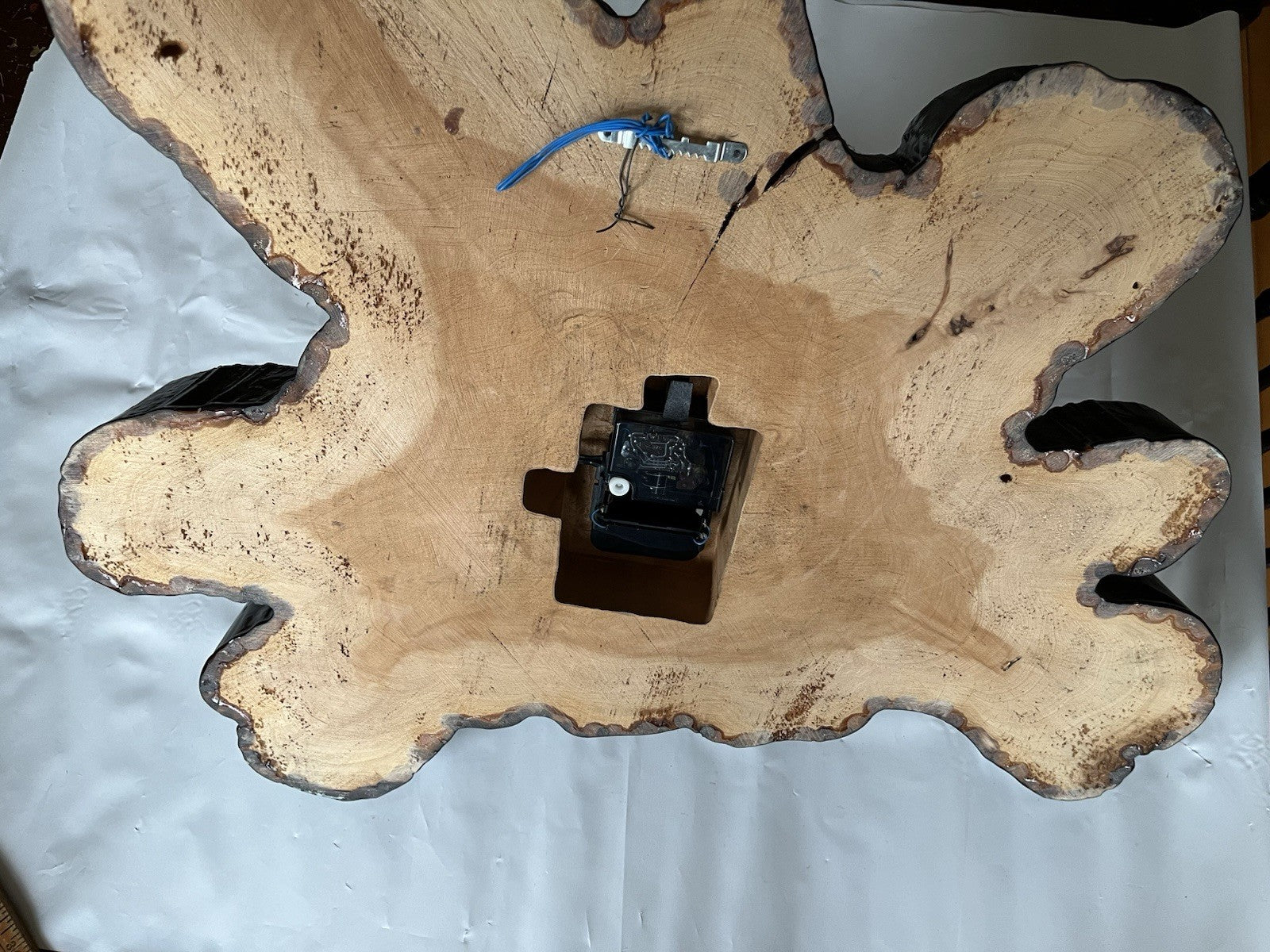Vintage 28” Live Edged Lacquered Wood Slice W/ Log Cabin Photo Wall Clock Works!