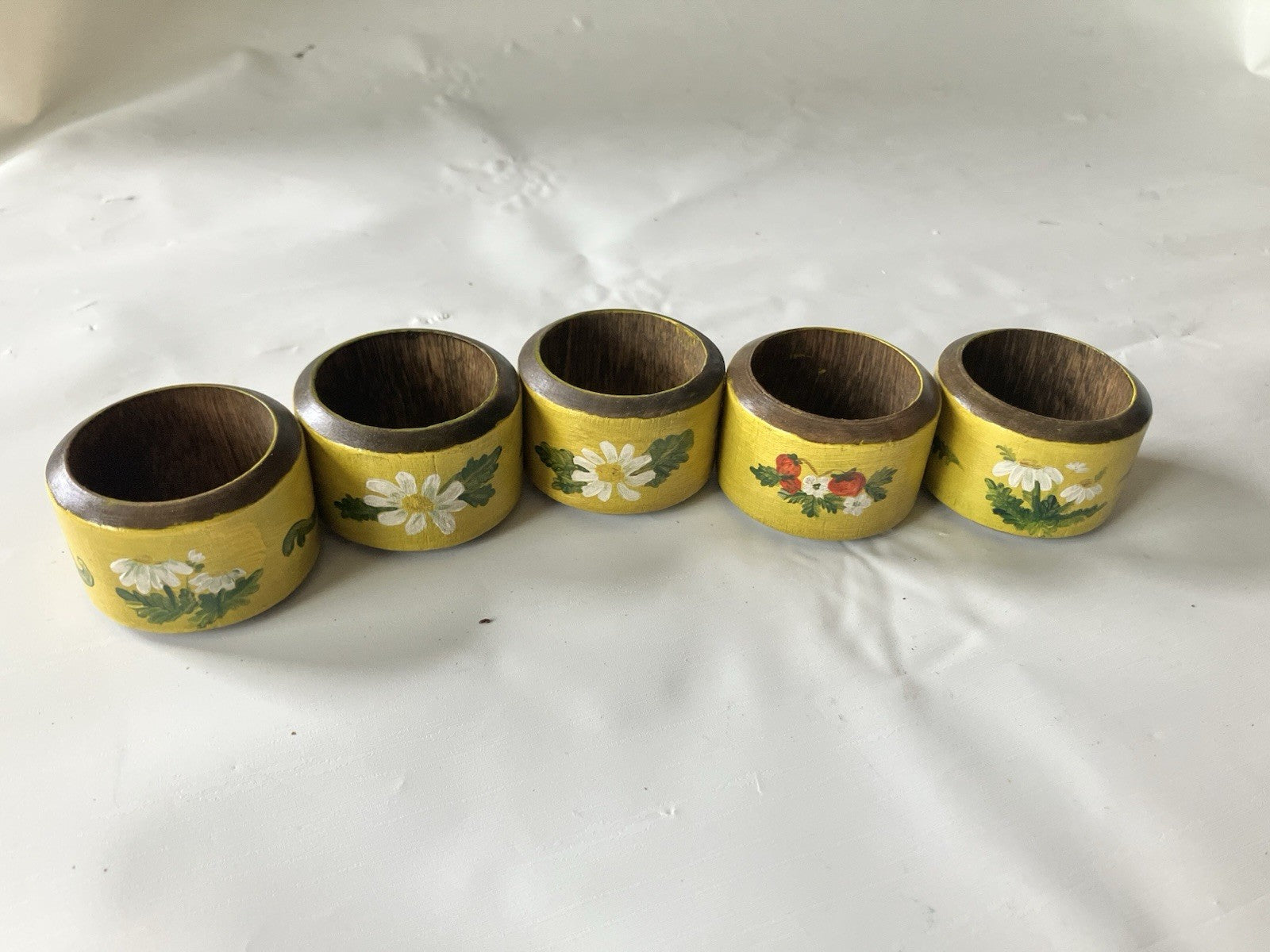 Vintage Wooden Hand Painted Yellow and Floral Napkin 5 Rings 