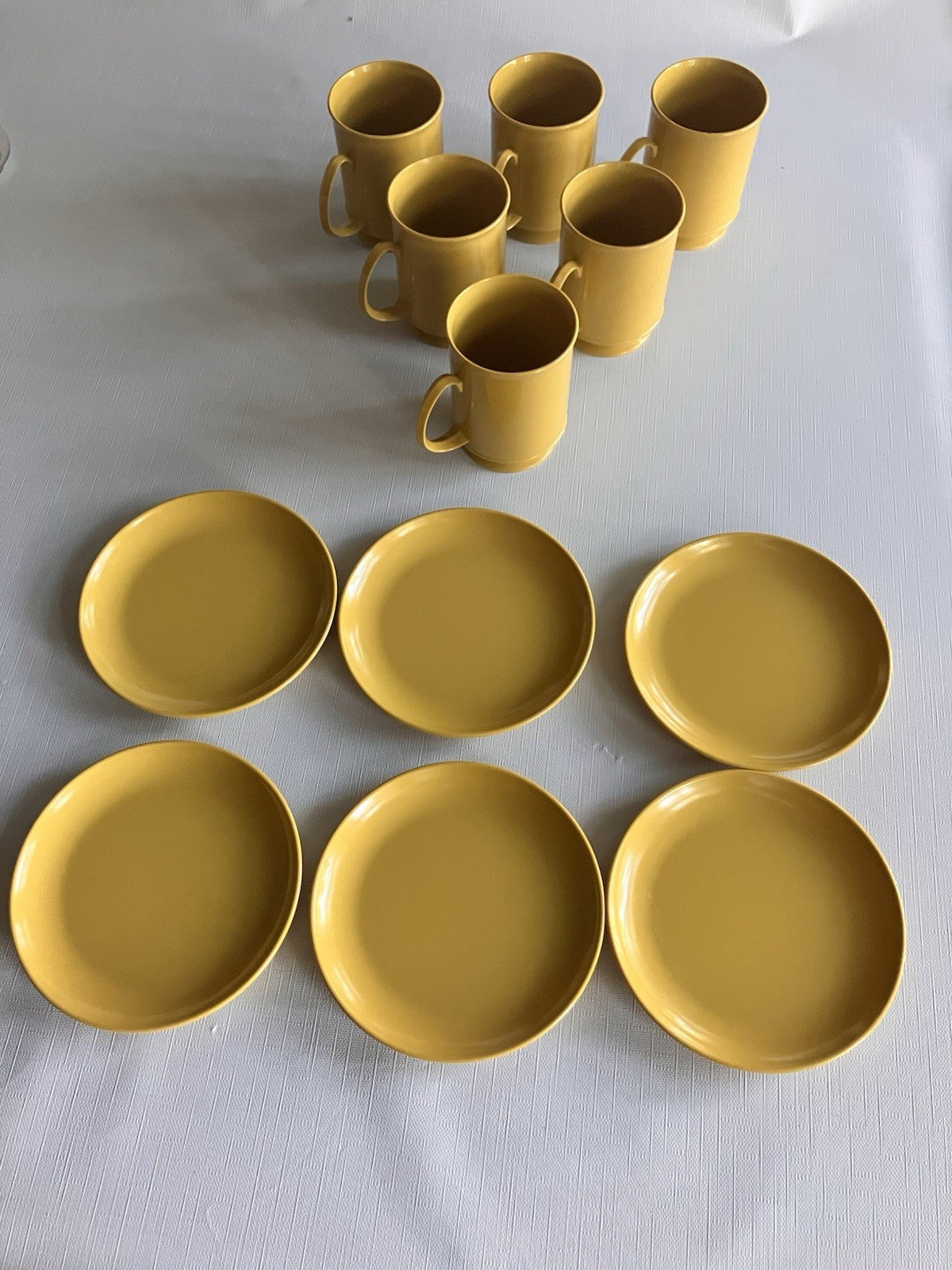 Vintage Mustard Colored Melamine Footed Tall Mugs & Dessert Plates, EVC Set Of 6