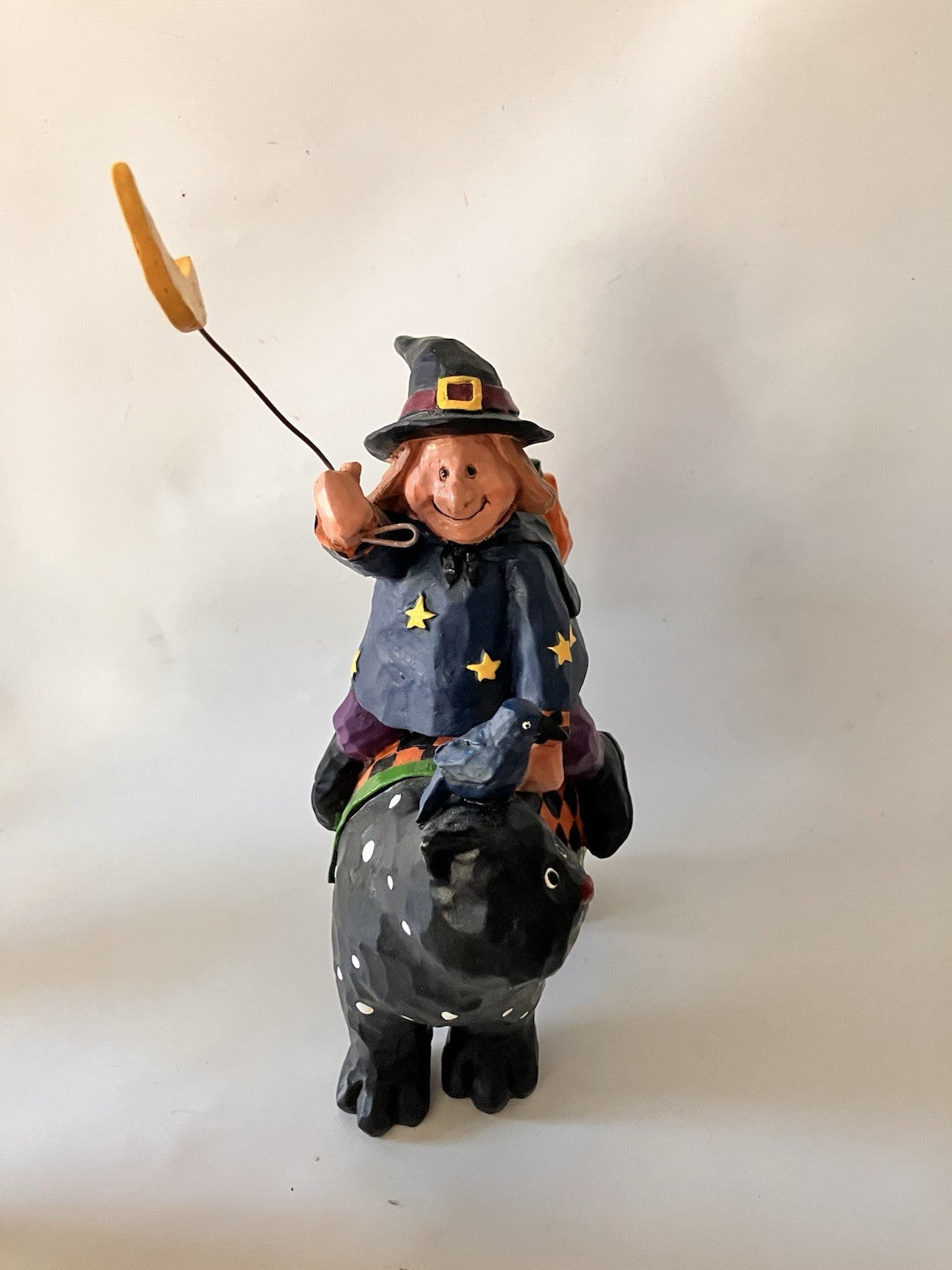 Vintage Halloween Witch Riding Black Cat W/ Moon & Pumpkin. Autumn Decor