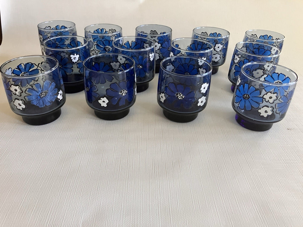 Set of 13 Vintage Libbey Camellia Blue Floral 8oz Juice Glasses EUC