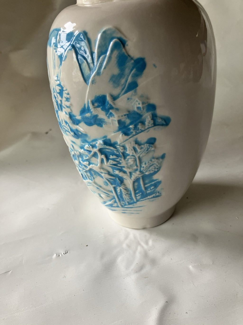 Vintage FTD 8” Tall Ceramic White Vase W/ Blue Washed Japanese Mountain Embossed