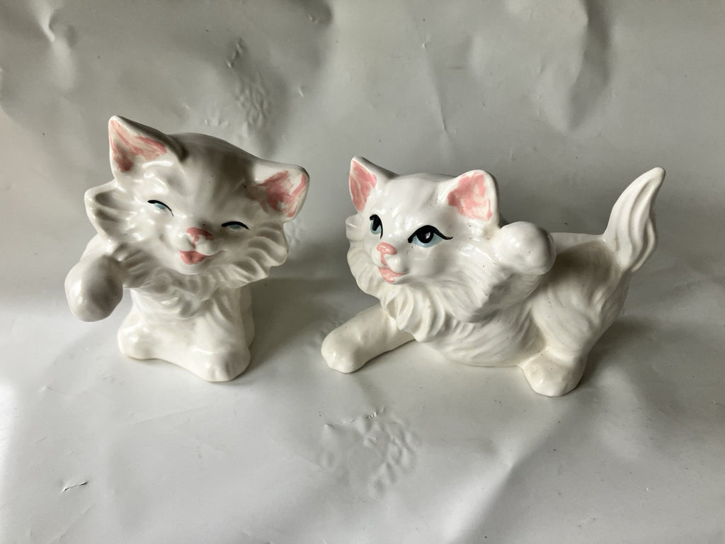 Vintage Pair Of 4” Tall White Persian Hobbiest Cat Figurines, Playful 1970s