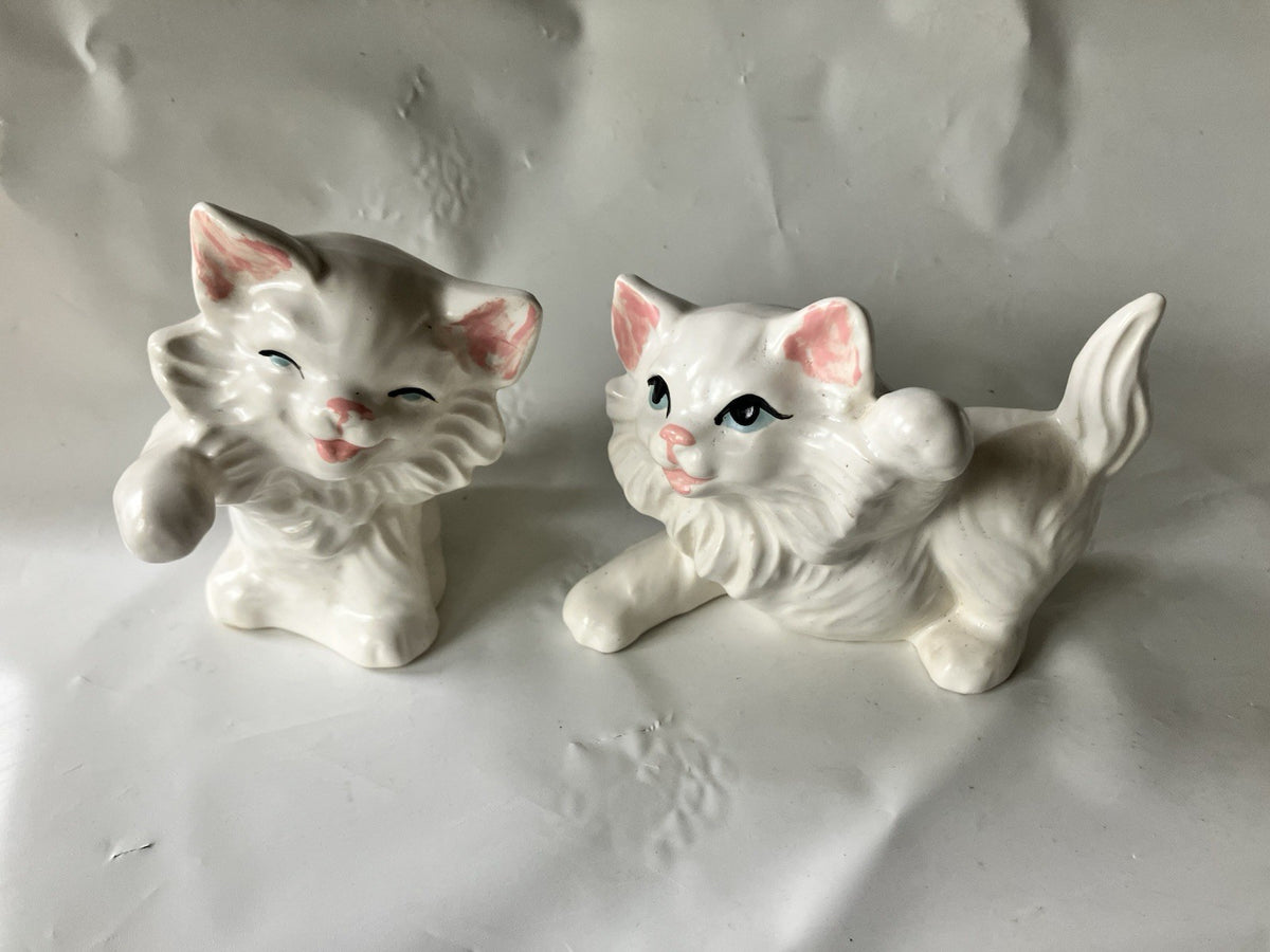 Vintage Pair Of 4” Tall White Persian Hobbiest Cat Figurines, Playful 1970s