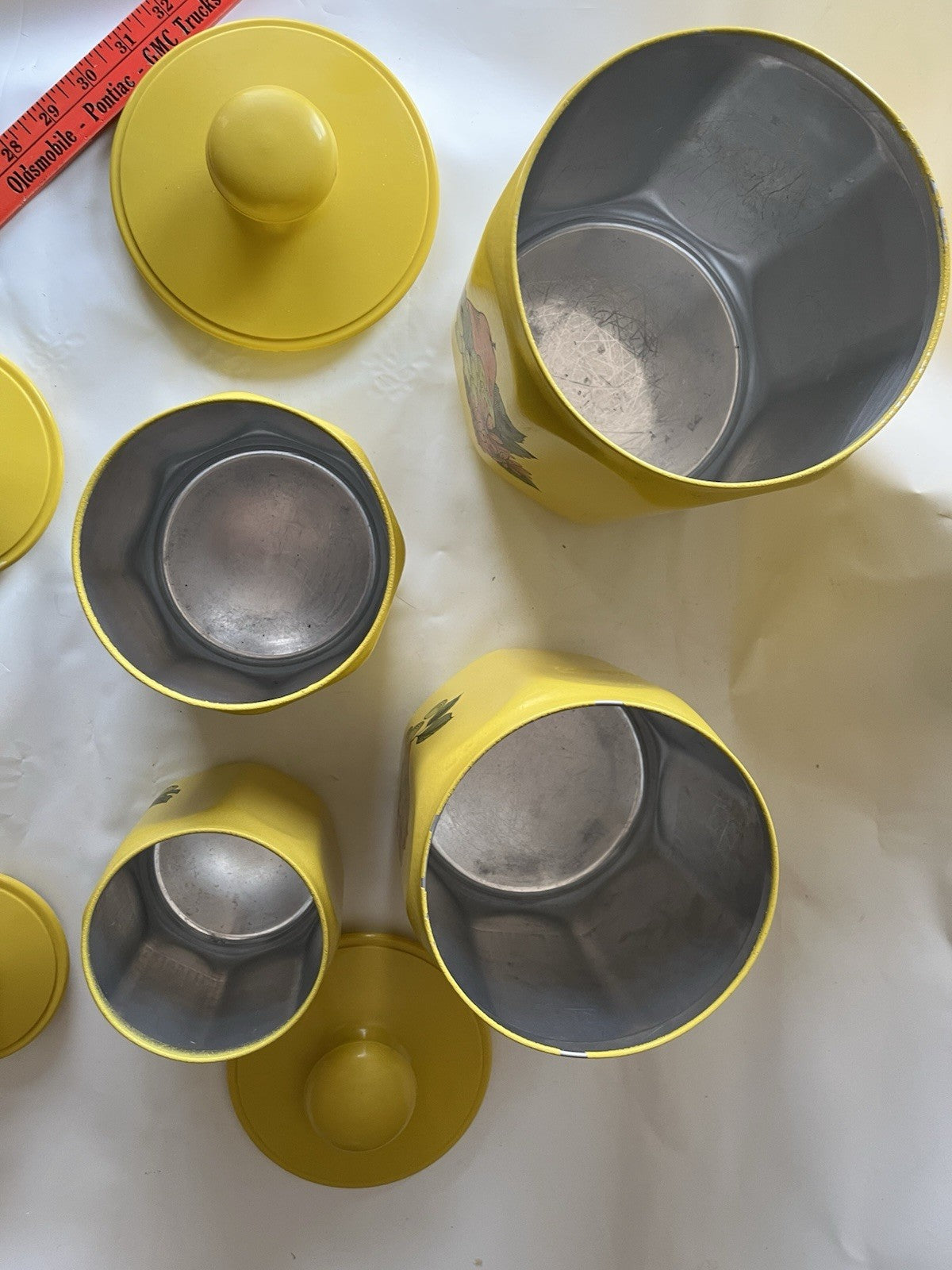 Vintage Kromex Faceted Aluminum 4 Canister Set Yellow Fruit Floral Plastic Lids