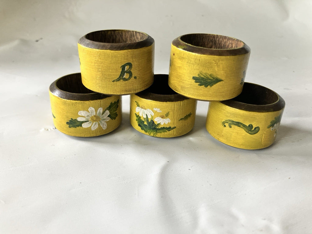 Vintage Wooden Hand Painted Yellow and Floral Napkin 5 Rings 
