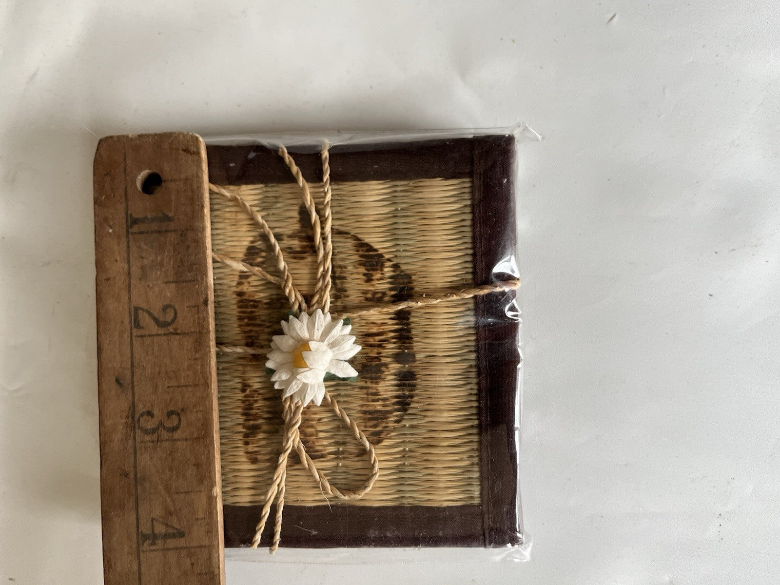 Vintage New/Wrapped Set Of 4 Vintage Coasters Weaved Bamboo Painted Design