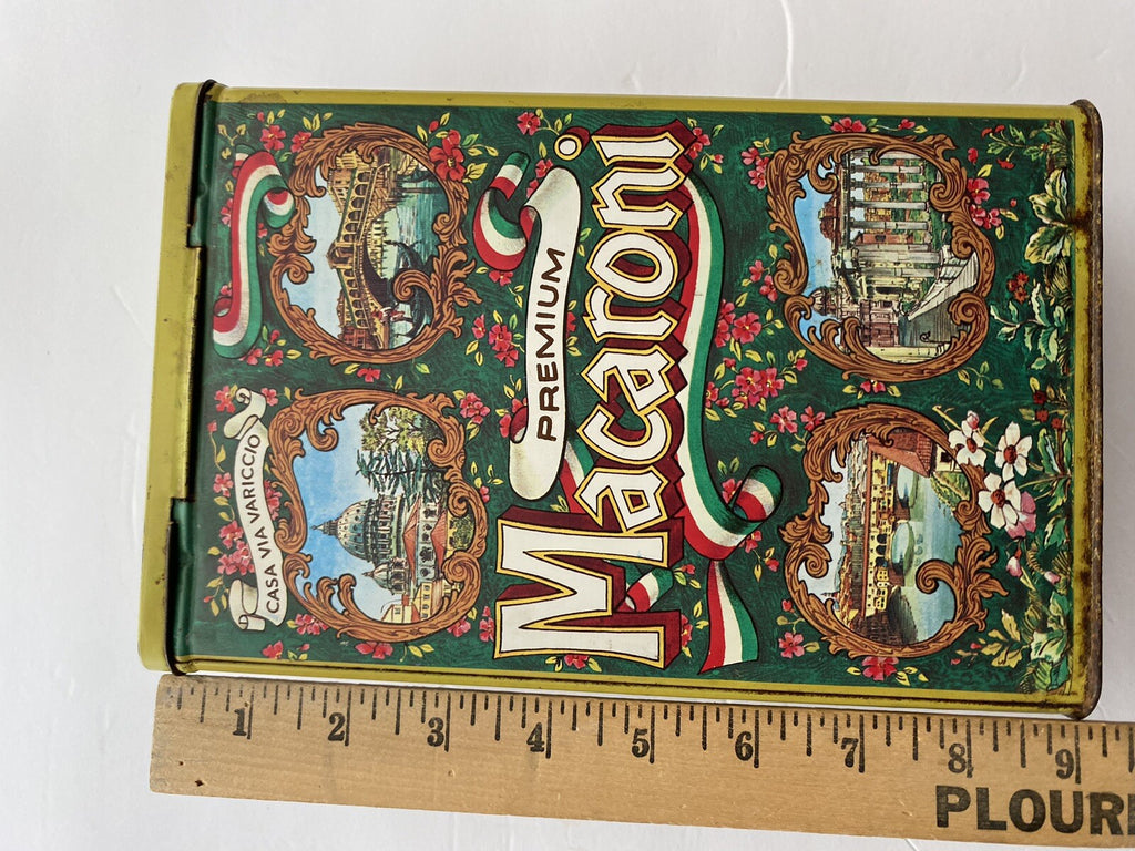 Vintage Casa Via Variccio Premium Macaroni Metal Tin Container Made In England