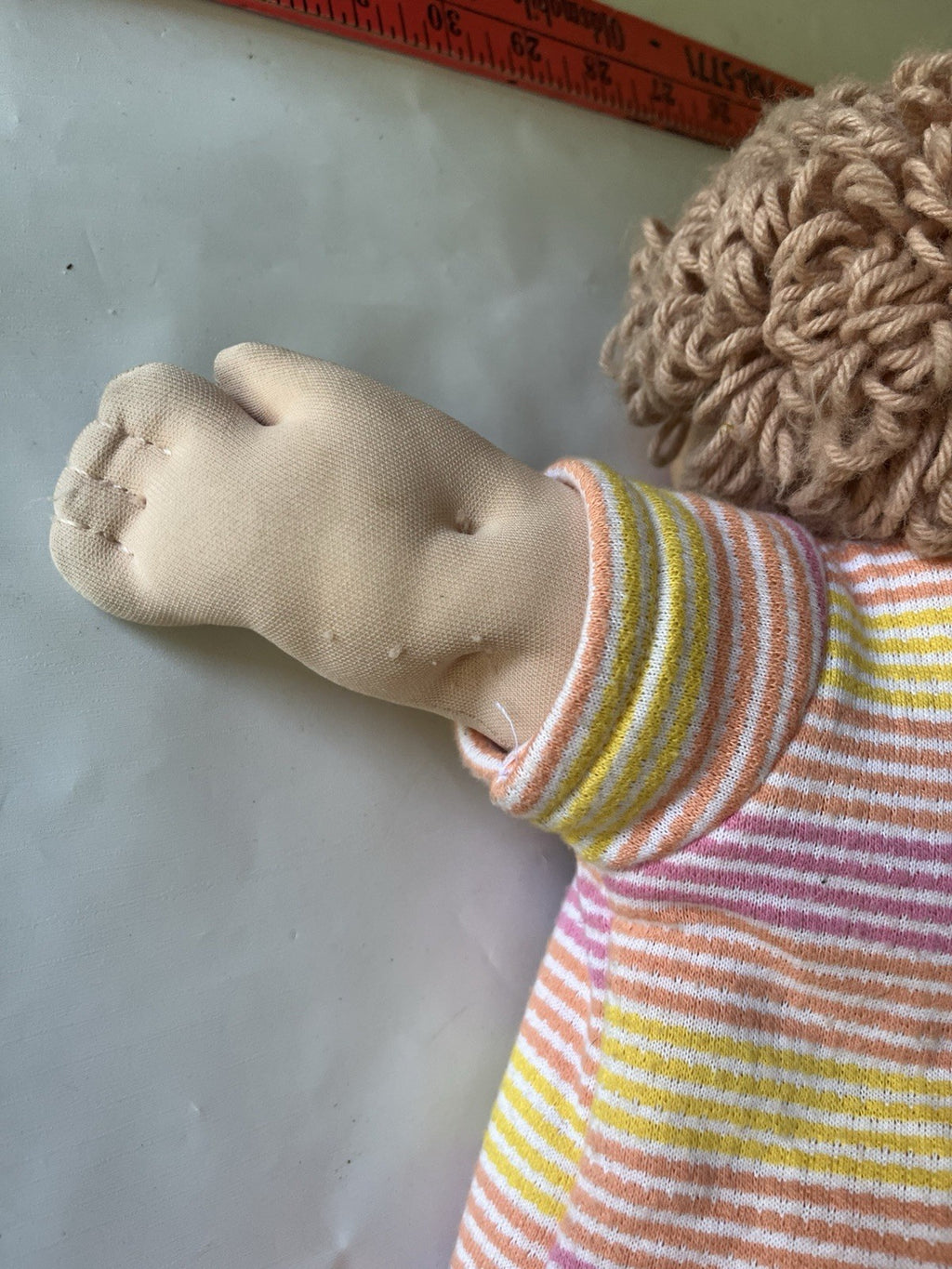 Vintage Cabbage Patch Kids 16”  Lt. Brown Curly W. Blue Circus Doll W/ Green Tie