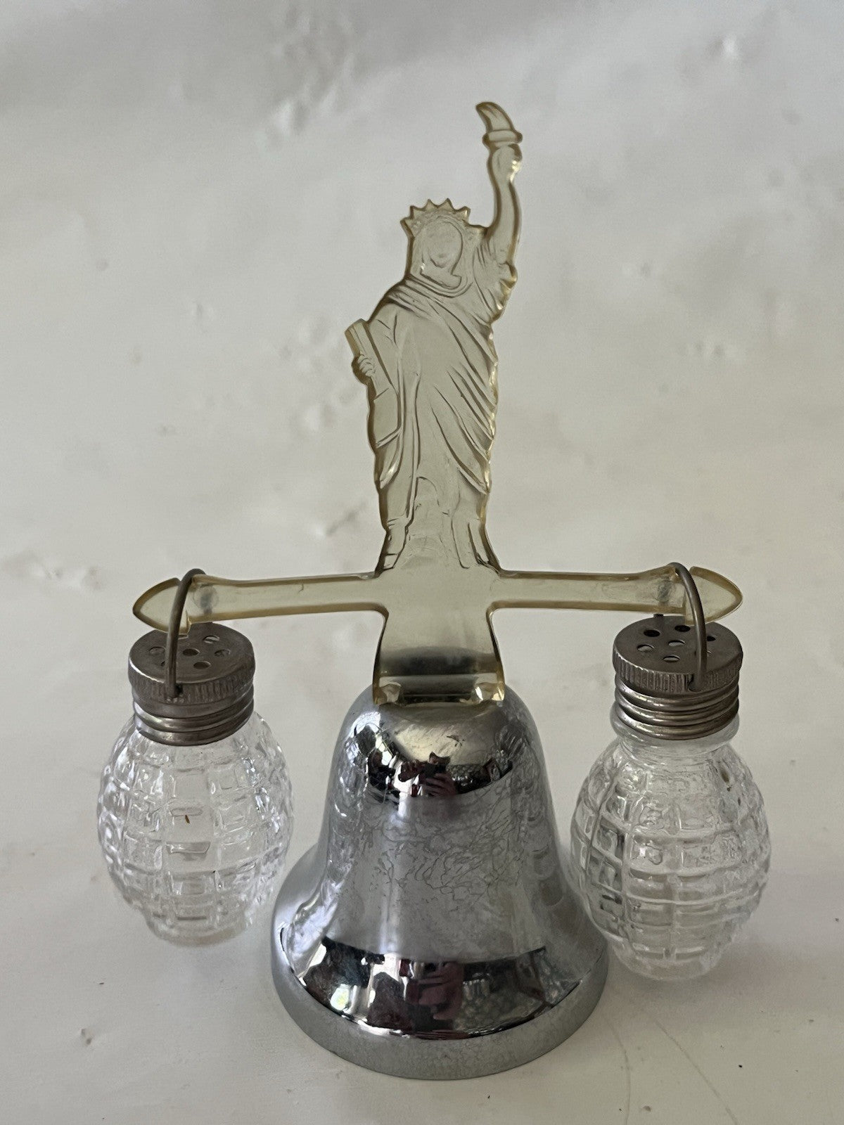 Vintage Silver Toned/Clear Lucite Souvenir Salt/Pepper Shakers W/ Bell Stand (3)
