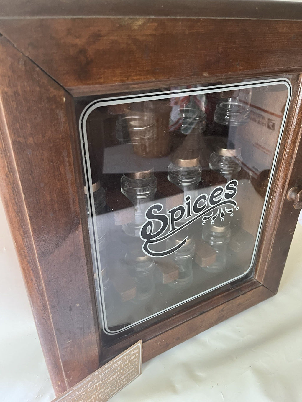 Vintage “Spices” Wooden/ Glass Door 17”x14” 12 Spice Cabinet & 11 Jars/ Stickers