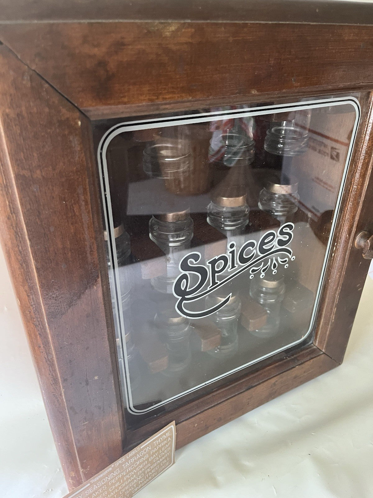 Vintage “Spices” Wooden/ Glass Door 17”x14” 12 Spice Cabinet & 11 Jars/ Stickers