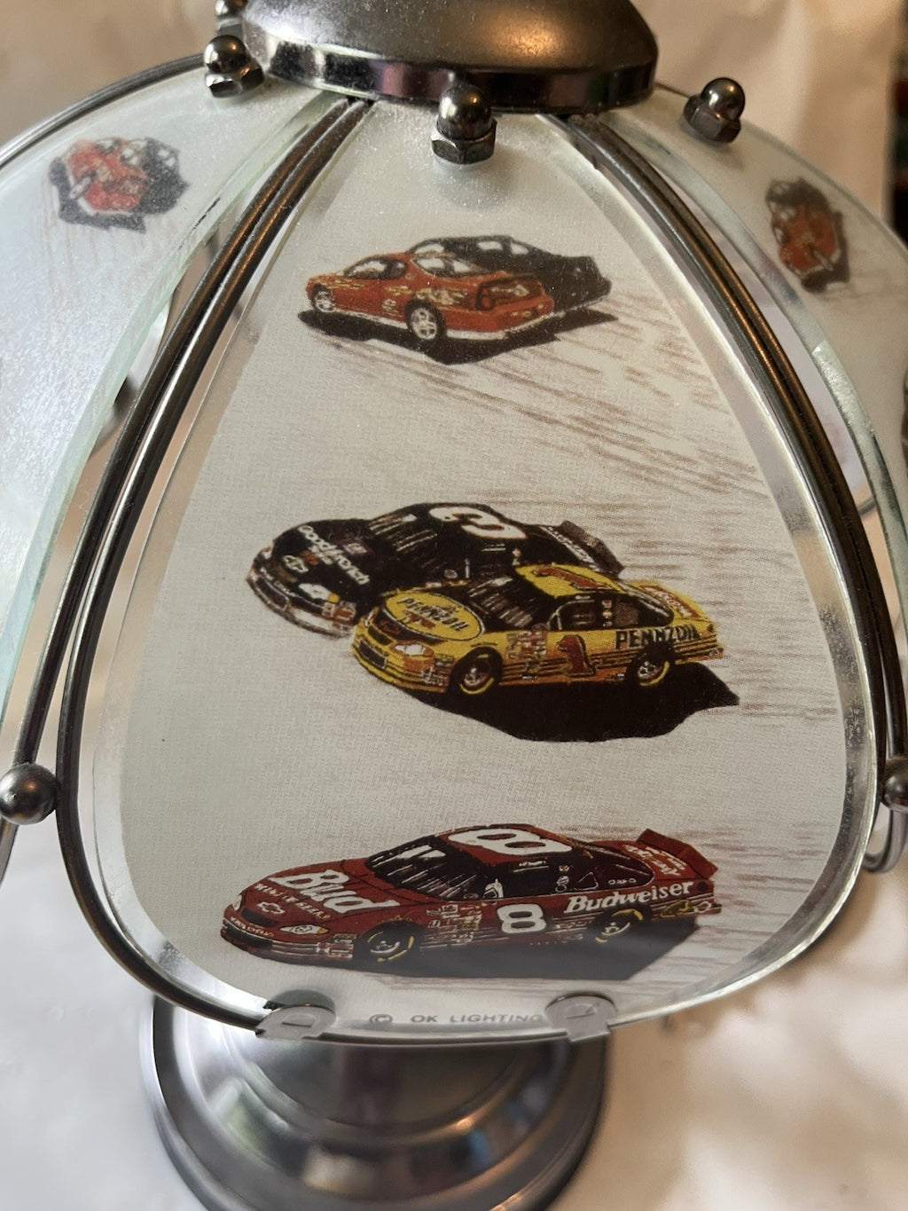 Vtg OK Lighting NASCAR Tiffany Style Touch Lamp; Earnhardt Sr, Jr Others. Works!