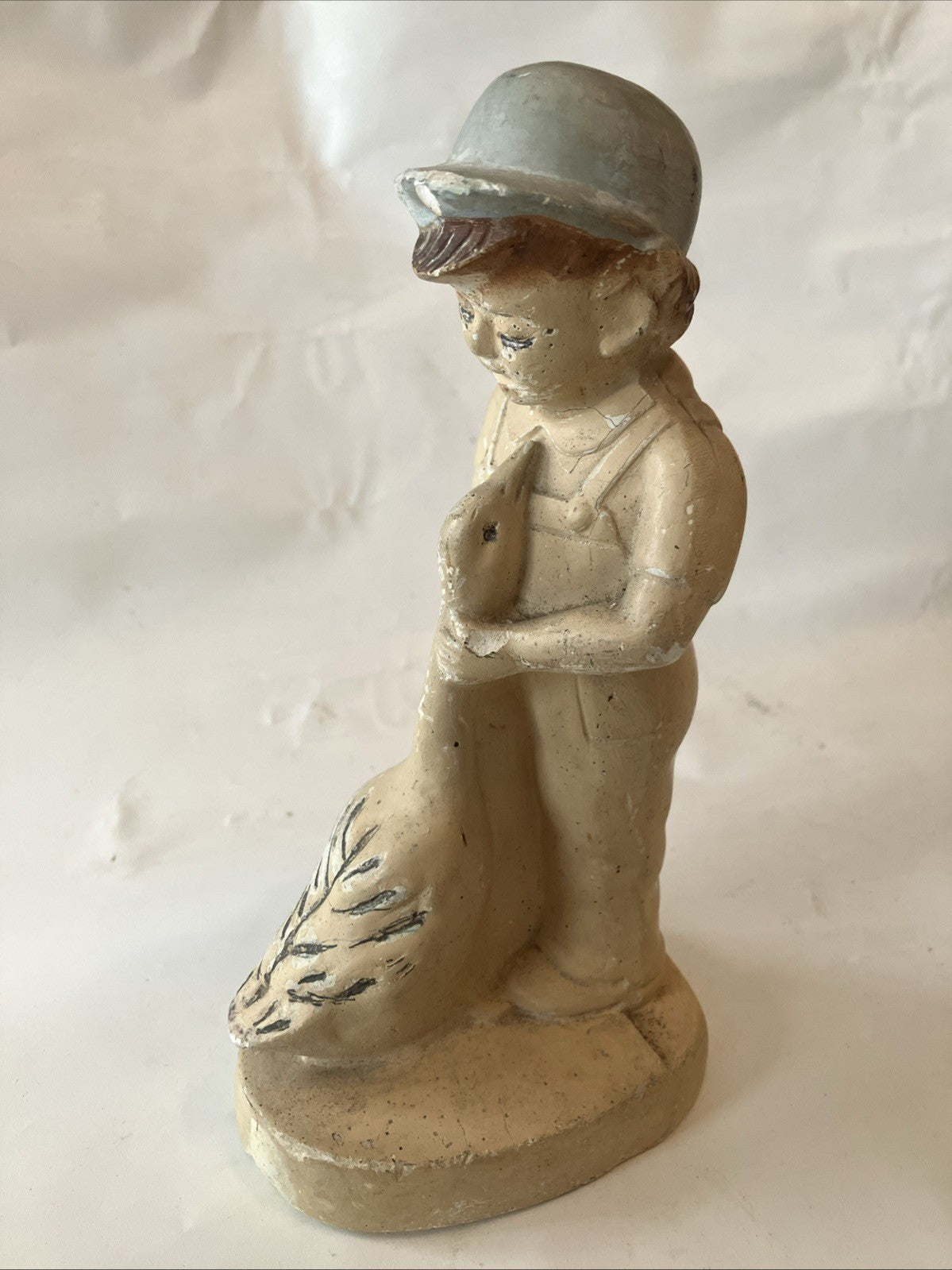 Vintage Chalk Ware Plaster Boy & A Goose Figurine, 7” Tall
