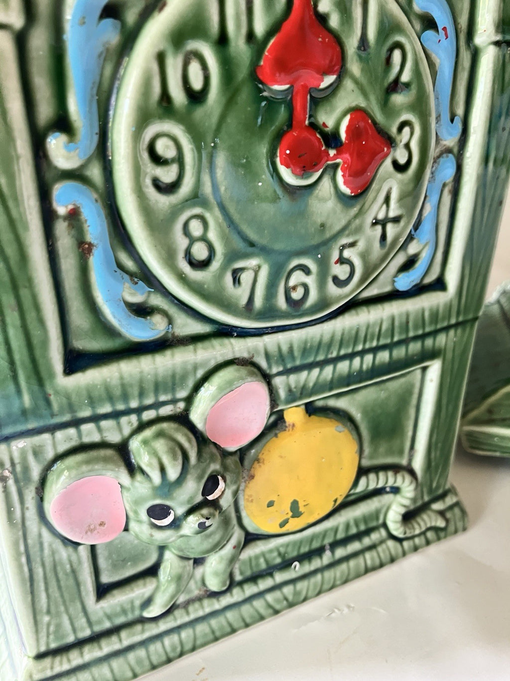 Vintage MCM Green Glazes Ceramic Hickory Dickory Cookie Jar  Made In Japan