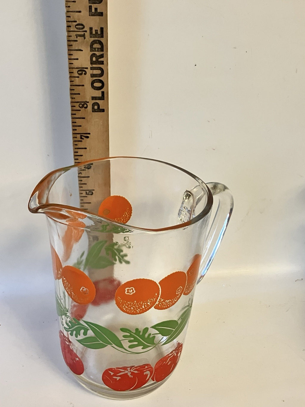 Vintage MCM Glass Juice Pitcher Fruit—Orange And Tomato From 1940-50’s. EVC.