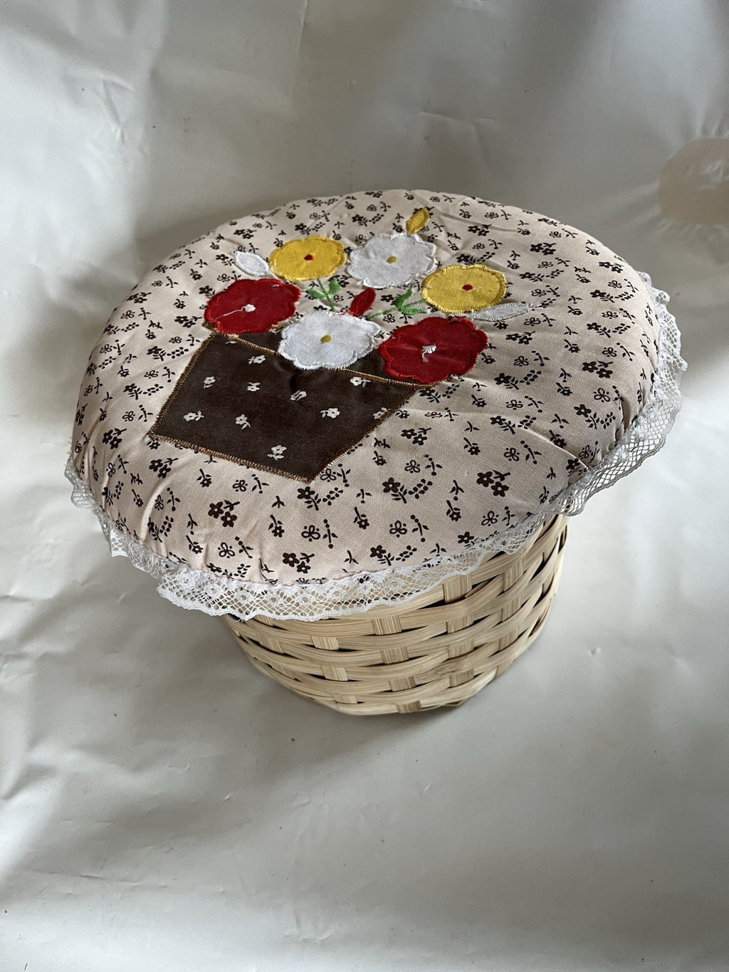 Vintage Handmade Sewing Basket With Embroidered Pad-Top Cover